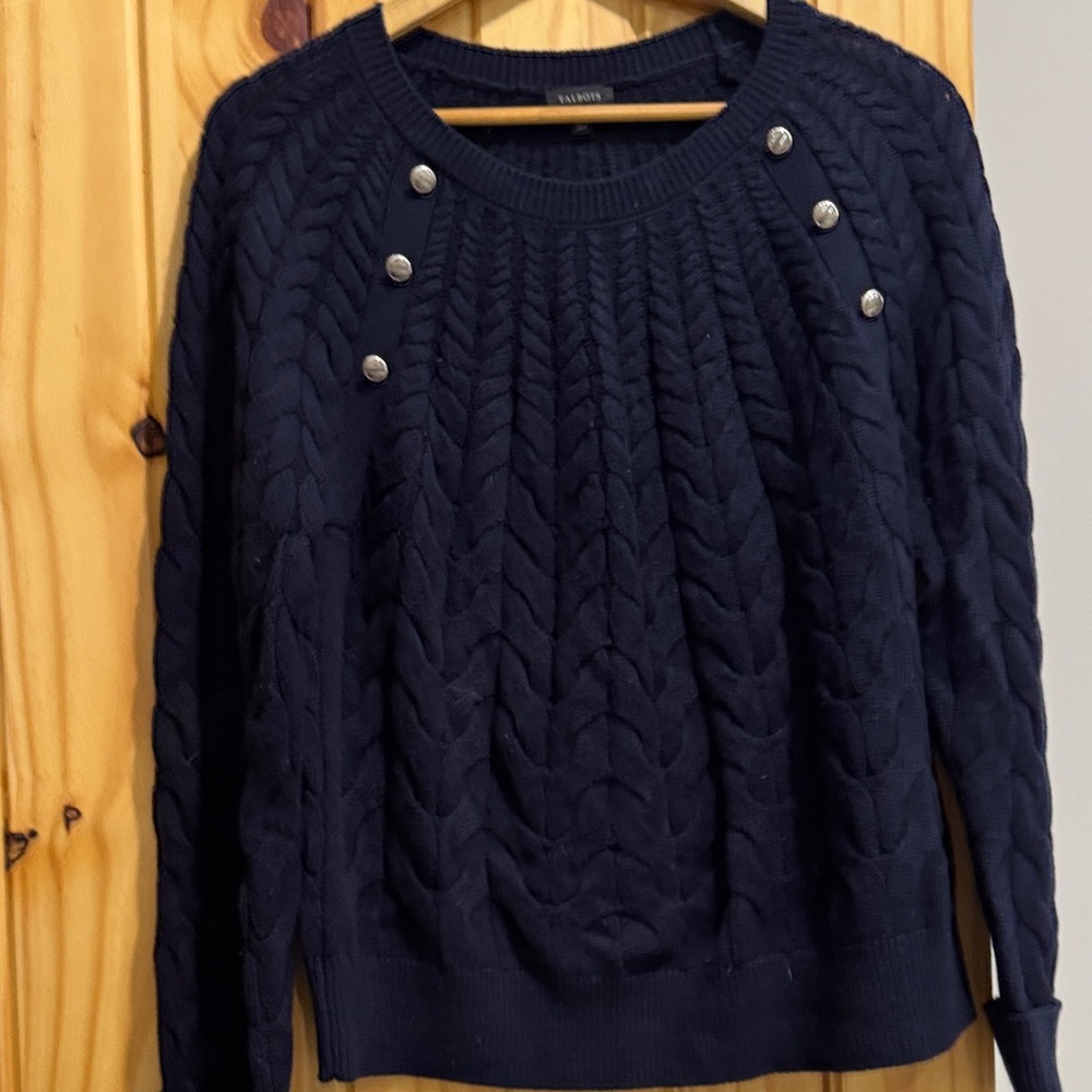Talbots Navy Cable Knit Sweater with Button Accents